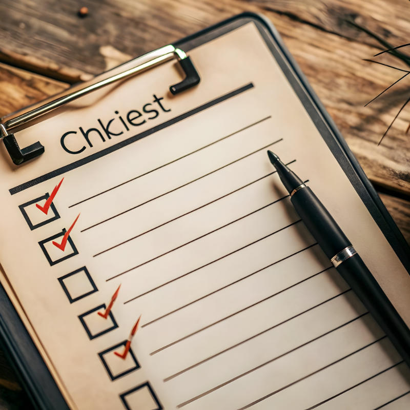 Checkliste mit abgehakten Kästchen und Stift auf einem Holztisch.