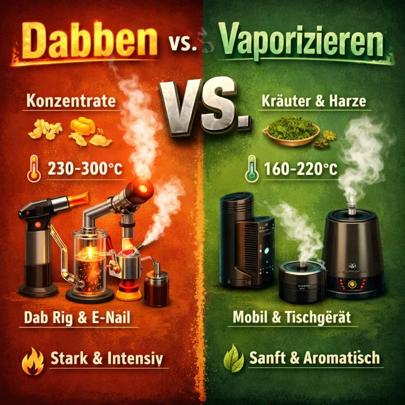 Dabben vs. Vaporizieren – der große Vergleich moderner Kräuterfreunde: Dab Rig, Vaporizer, Temperaturen und Einsatz für Konzentrate, Kräuter und Harze.