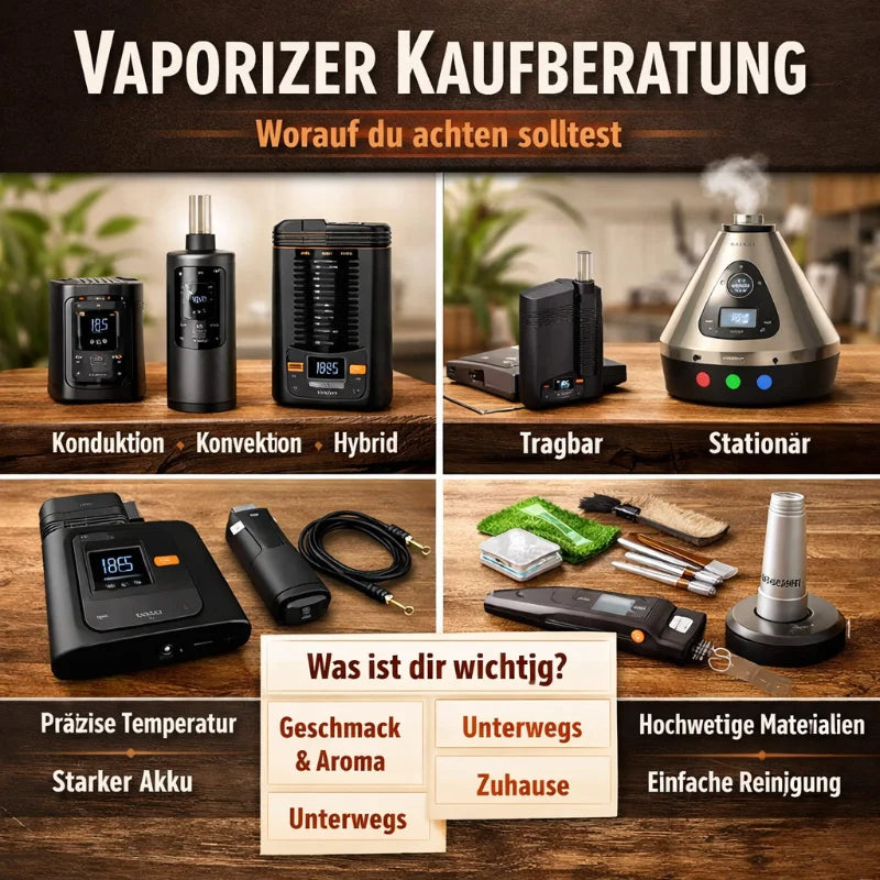 Kaufberatung: Worauf du beim Kauf eines hochwertigen Vaporizers achten solltest. Vaporizer Kaufberatung mit Konduktion, Konvektion, Hybrid, tragbar und stationär.