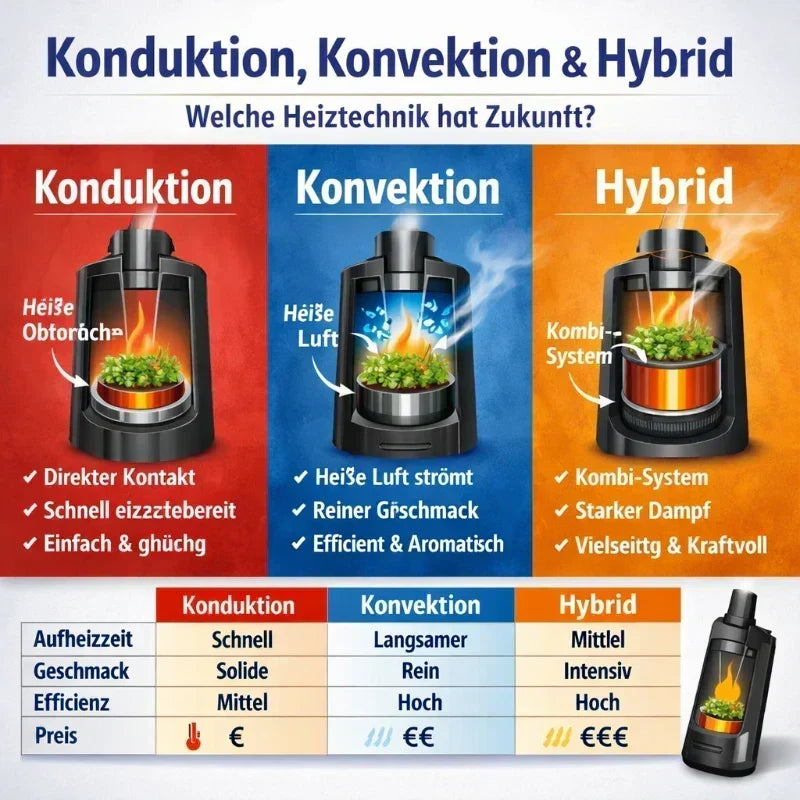 Konduktion, Konvektion & Hybrid erklärt – welche Heiztechnik hat Zukunft? Vergleich von Vaporizer-Heiztechniken