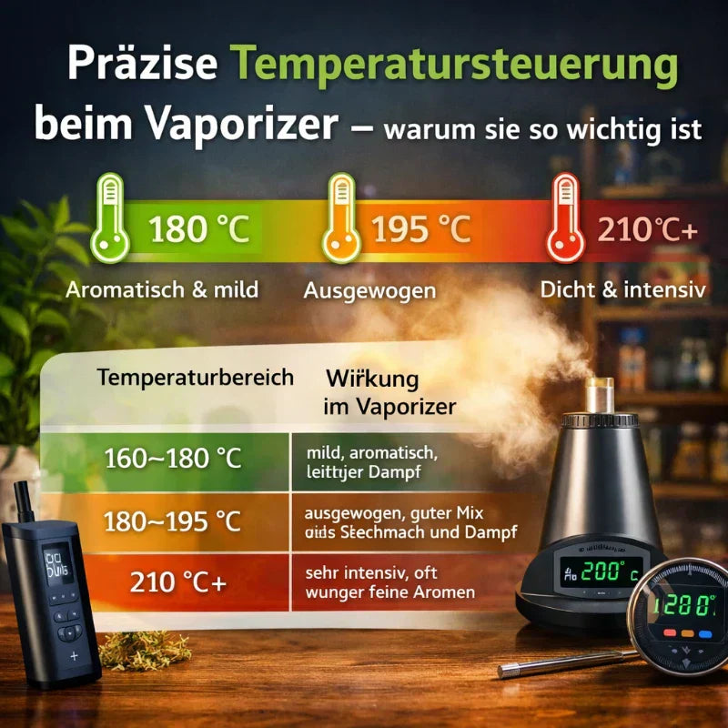 Präzise Temperatursteuerung beim Vaporizer – warum sie so wichtig ist: Infografik zu 180°C, 195°C und 210°C+