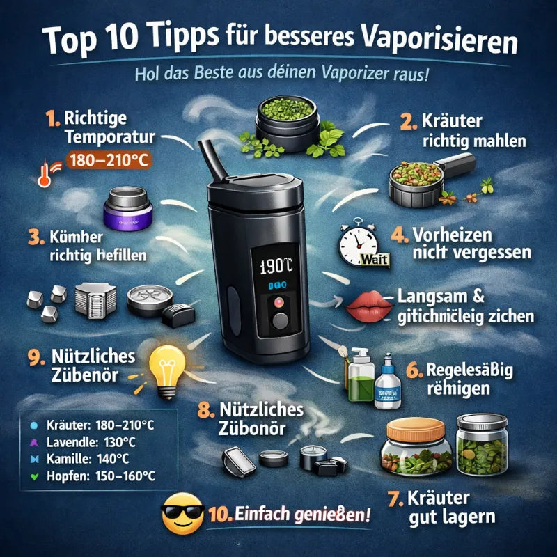 Top 10 Tipps für besseres Vaporisieren: Infografik mit 10 Tipps für den richtigen Umgang mit dem Vaporizer