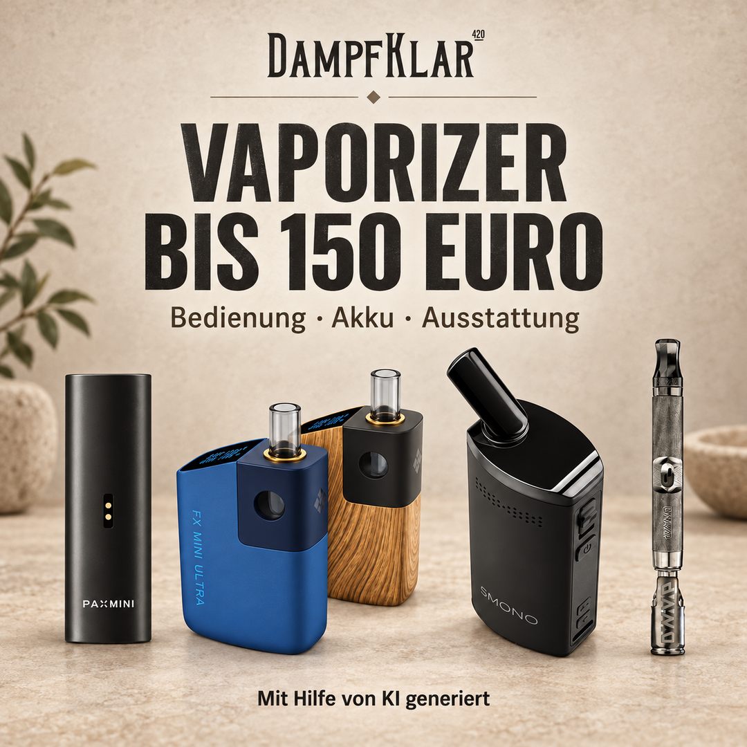 Vaporizer bis 150 Euro: PAX Mini 2, WOLKENKRAFT FX MINI ULTRA, SMONO Balu und DynaVap M7 XL. Mit Hilfe von KI generiert.
