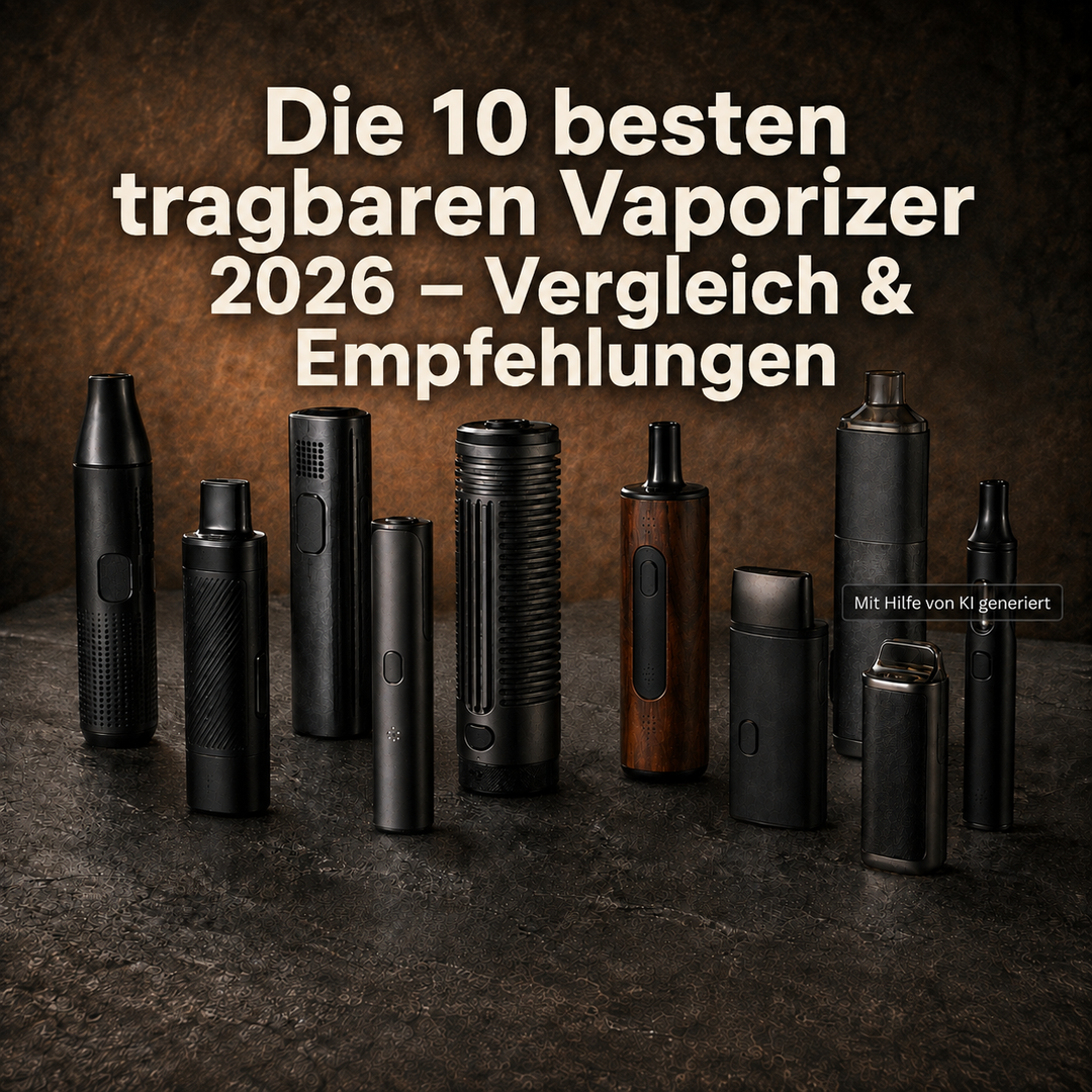 Zehn tragbare Vaporizer im Vergleich 2026 vor dunklem Kupferhintergrund. Mit Hilfe von KI generiert.
