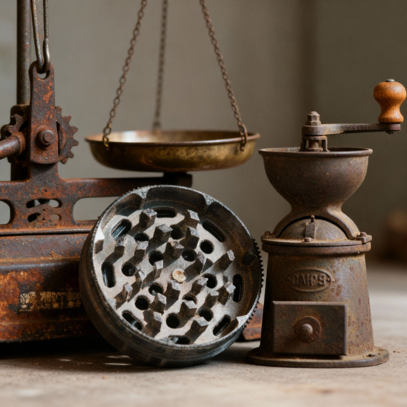 Alter Waagen mit Ziffernblatt, perfekt zum präzisen Abmessen von Kräutern für ein optimales Dampferlebnis.