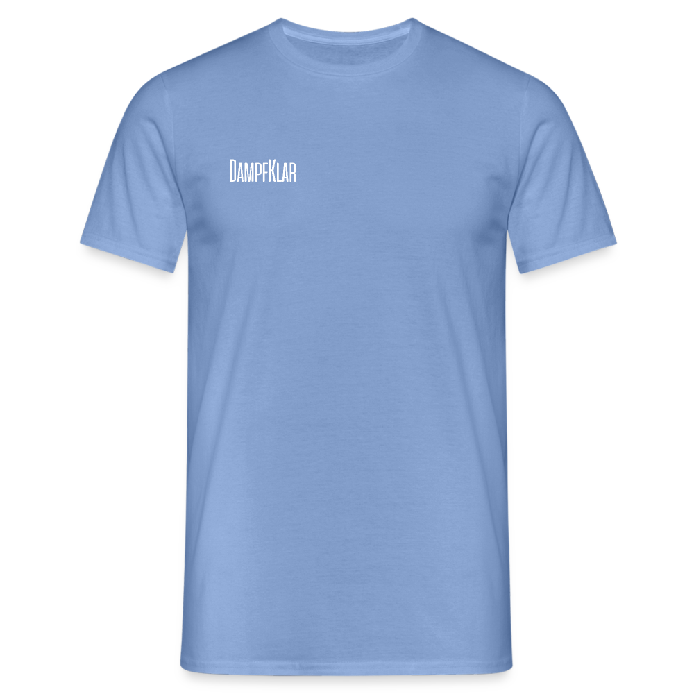 Himmelblaues Herren-T-Shirt mit DAMPFKLAR-Logo auf der Vorderseite, klassischer Schnitt, 100% Baumwolle.