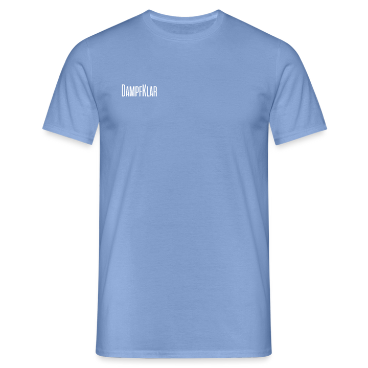Himmelblaues Herren-T-Shirt mit DAMPFKLAR-Logo auf der Vorderseite, klassischer Schnitt, 100% Baumwolle.