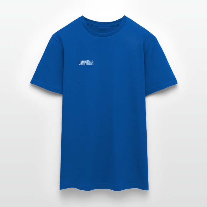 Blaues Herren T-Shirt mit DAMPFKLAR-Label, schlicht und modern, ideal für den Alltag.