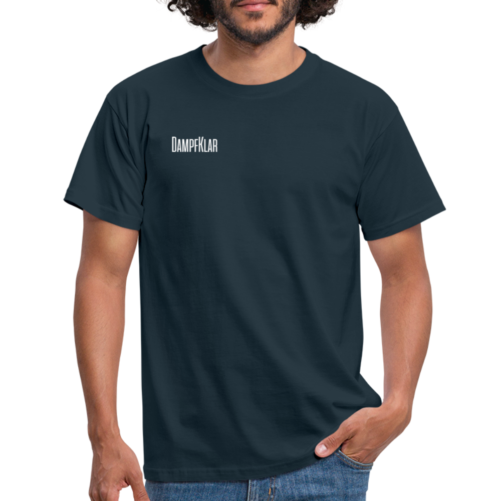 Herren T-Shirt in Marineblau mit DAMPFKLAR Schriftzug, klassischer Schnitt aus 100% Baumwolle.