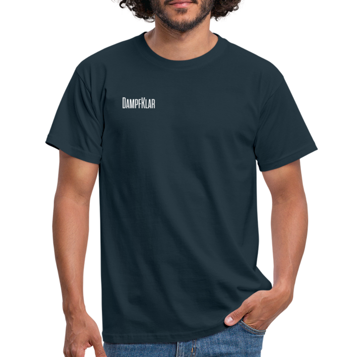 Herren T-Shirt in Marineblau mit DAMPFKLAR Schriftzug, klassischer Schnitt aus 100% Baumwolle.