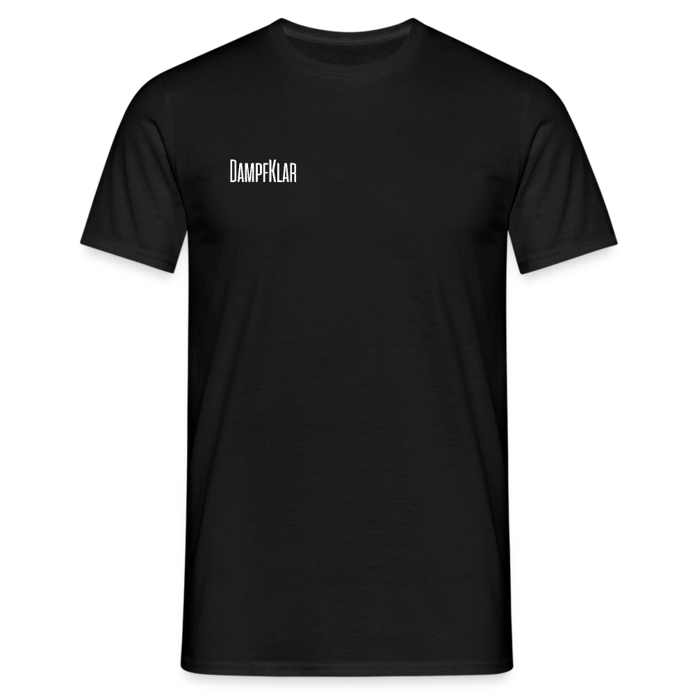 Schwarzes Herren T-Shirt mit dem Schriftzug "Dampfklar" auf der Vorderseite, hochwertiges Design.