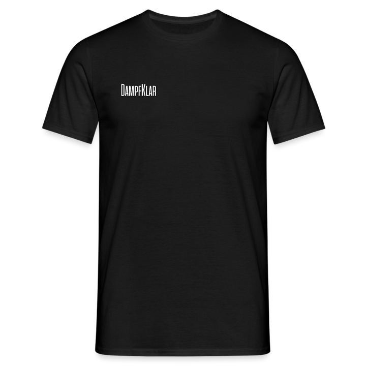 Schwarzes Herren T-Shirt mit dem Schriftzug "Dampfklar" auf der Vorderseite, hochwertiges Design.