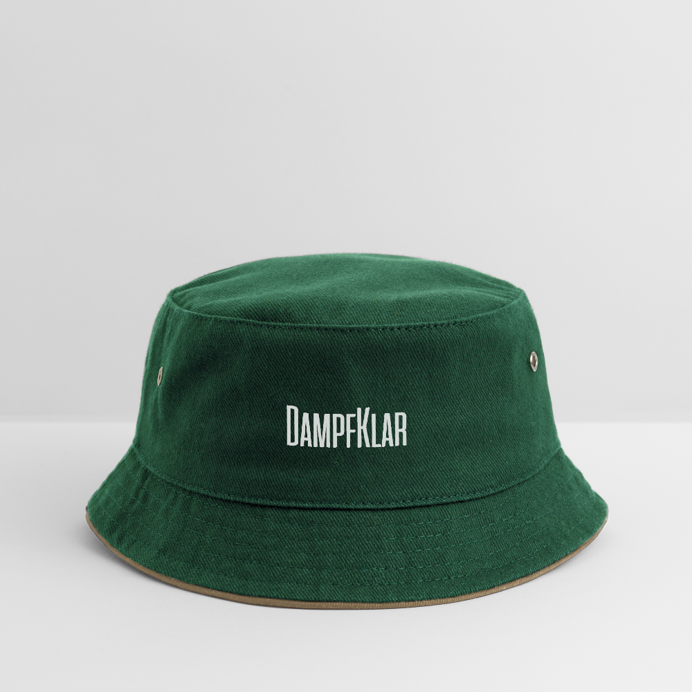 Trendy grüner Kinder-Bucket-Hut mit DampfKlar-Logo und dekorativen Nähten.