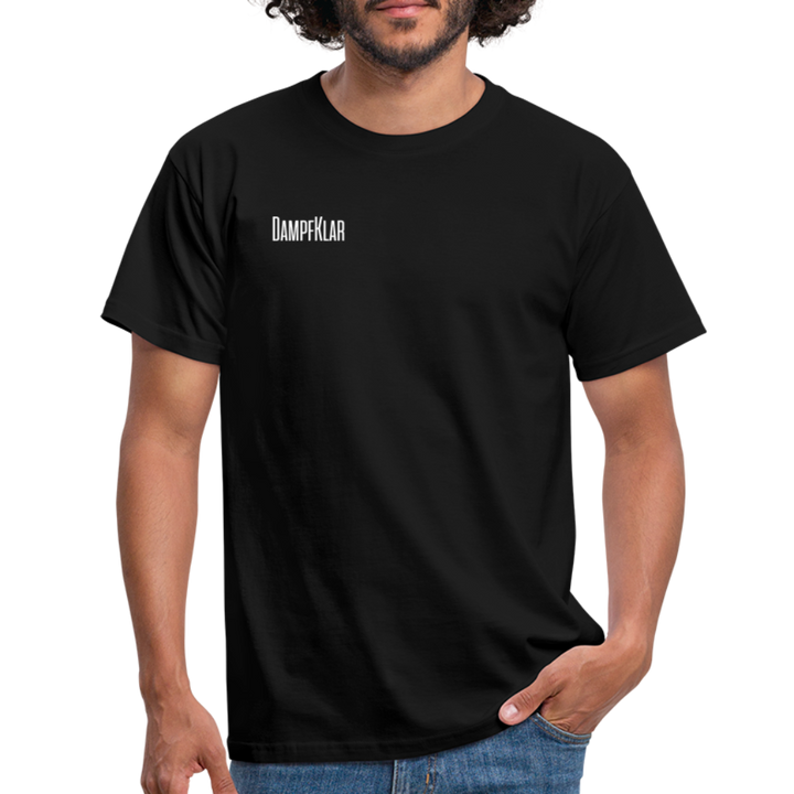 Schwarzes Männer-T-Shirt mit dem Schriftzug 'DAMPFKLAR' für einen lässigen Look.