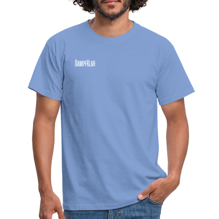 Blaues Herren-T-Shirt mit DAMPFKLAR Schriftzug, ideal für zeitlosen Stil und Komfort im Alltag.