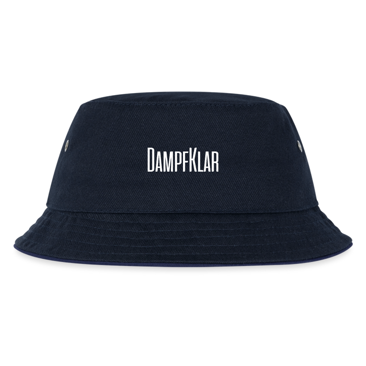 Stylischer Kinder-Bucket-Hut von DAMPFKLAR mit dekorativen Nähten und Metall-Ösen, 100% Baumwolle.