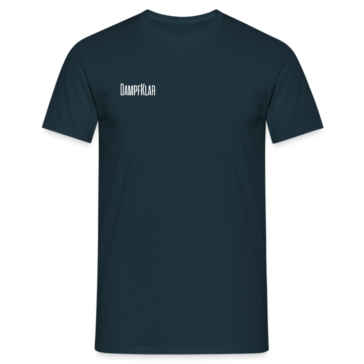 Dunkelblaues T-Shirt mit dem Aufdruck "DAMPFKLAR" in hochwertiger Baumwolle, ideal für jeden Tag.