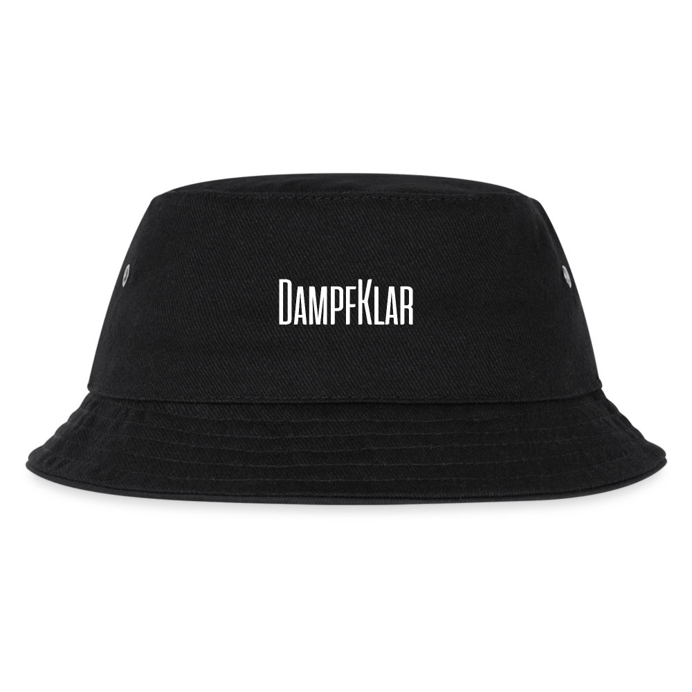 Trendiger schwarzer Bucket Hat mit DAMPFKLAR-Logo und dekorativen Nähten, ideal für Kinder.