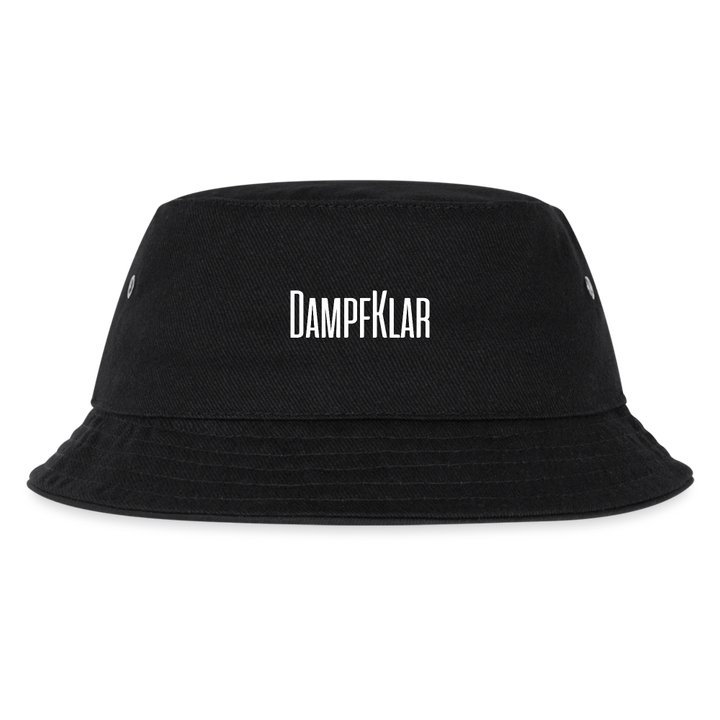 Trendiger schwarzer Bucket Hat mit DAMPFKLAR-Logo und dekorativen Nähten, ideal für Kinder.