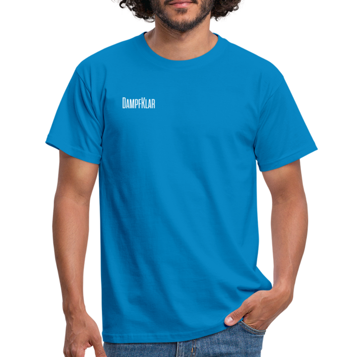 Blaues Herren T-Shirt mit dem Schriftzug 'DAMPFKLAR' auf der Brust, ideal für den Alltag.