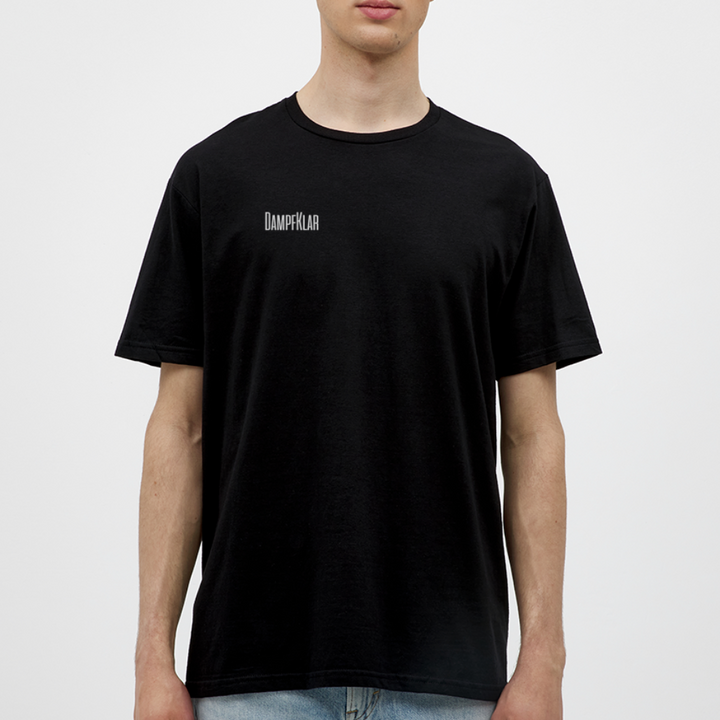 Schwarzes T-Shirt für Herren, hochwertiger Stoff, lässiger Schnitt, mit einem Logo vorne.
