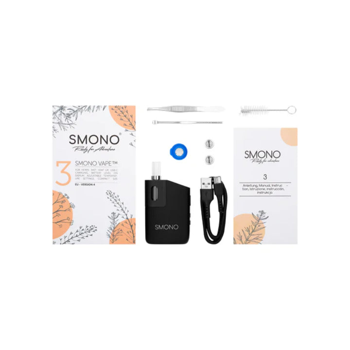 SMONO 3 Vaporizer Kit including device, accessories, and instruction manual for an optimal vaping experience.