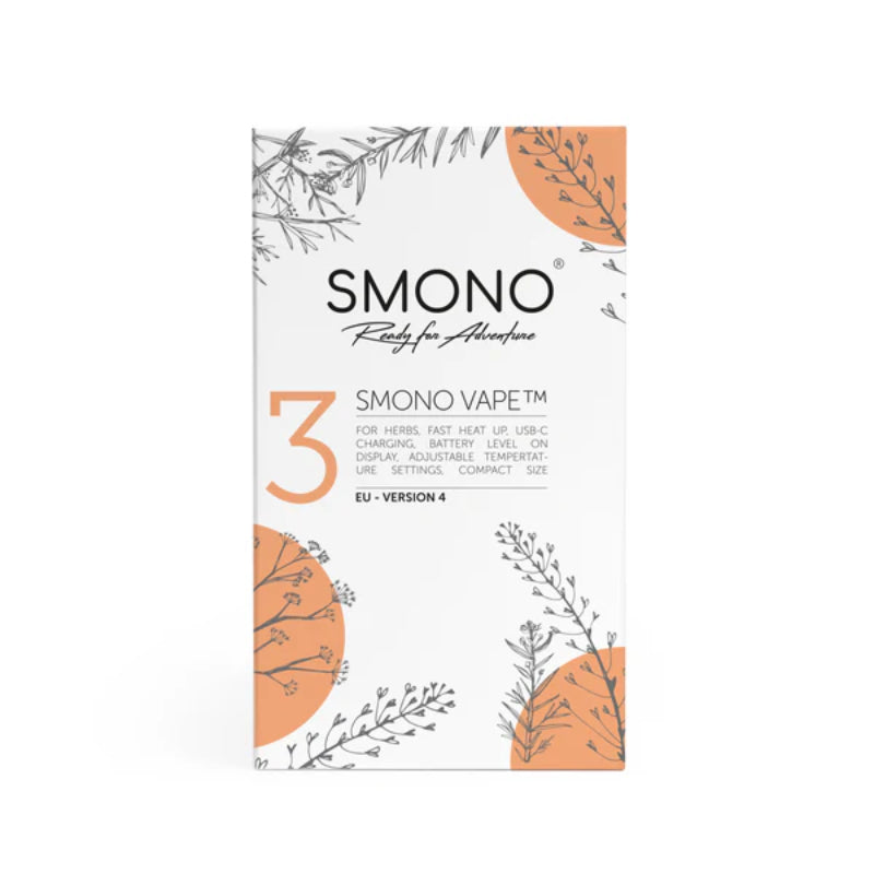 SMONO 3 Vaporizer Verpackung mit technischen Details und stilvollem Design für Kräuterverdampfung.