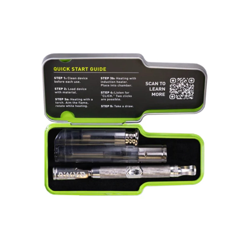 DynaVap M7 XL in grünem Etui mit Quick Start Guide und Zubehör für diskreten, mobilen Einsatz