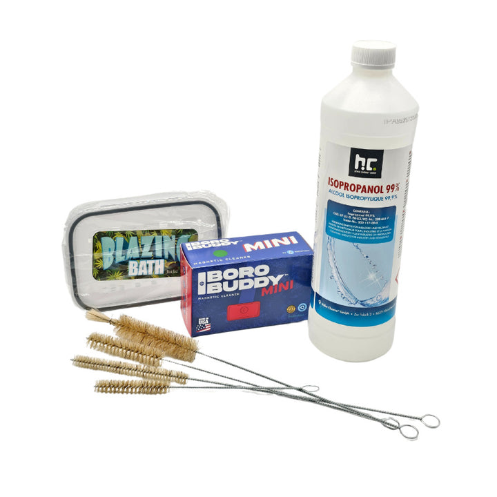 Reinigung Komplett-Set für Vaporizer und Glasgeräte mit Reinigungsbürsten, Isopropanol und Reinigungsbehälter.
