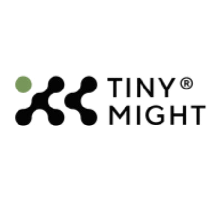 Logo von Tiny Might mit stilisierten Molekülen, grünem Punkt und modernem Schriftzug.