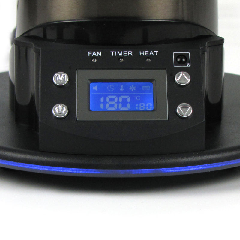 Display und Bedienelemente des Arizer Extreme Q Vaporizer mit Temperaturanzeige und Steuerknöpfen.