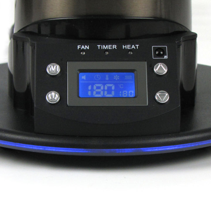 Display und Bedienelemente des Arizer Extreme Q Vaporizer mit Temperaturanzeige und Steuerknöpfen.