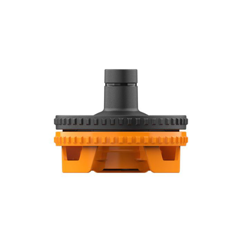 Storz & Bickel Volcano Hybrid Füllkammergehäuse von oben, orange und grau, für einfaches Befüllen von Kräutern.