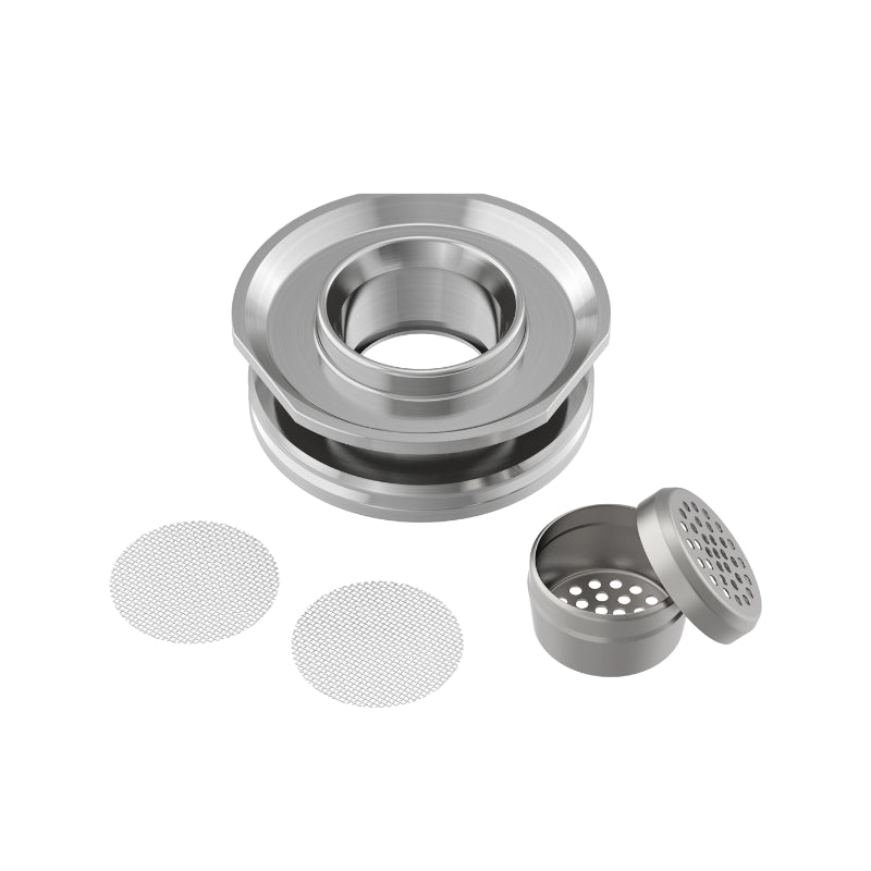 Storz & Bickel Volcano Hybrid Dosierkapseladapter aus Edelstahl mit zwei Sieben.