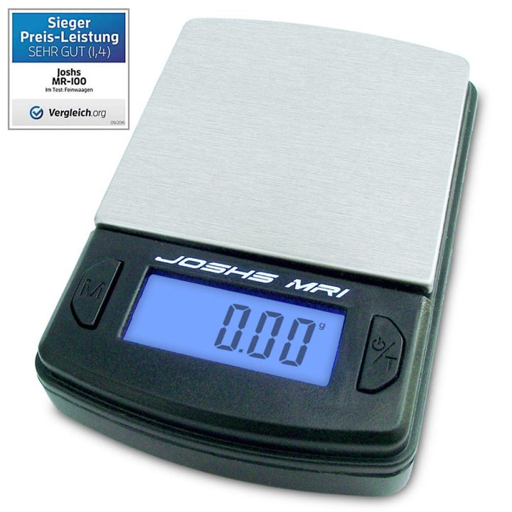 Josh's MR1 präzisionswaage mit digitalem Display und Edelstahlplatten, ideal für genaue Messungen bis 100 g.