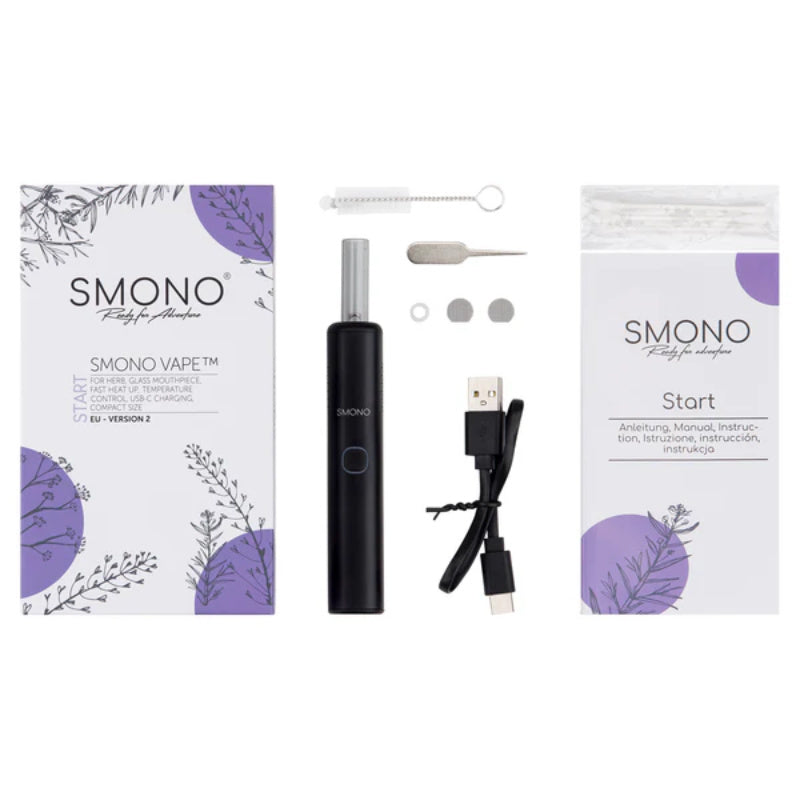 SMONO Start Vaporizer kit including device, USB charger, and accessories for beginners.
