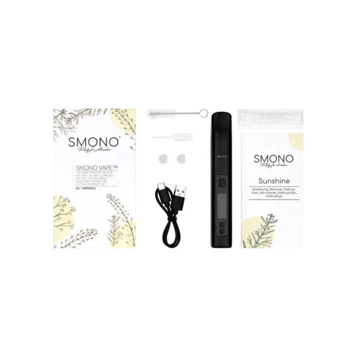 SMONO Sunshine Vaporizer set with user manual, cleaning brush, and USB charger for a pure vaping experience.