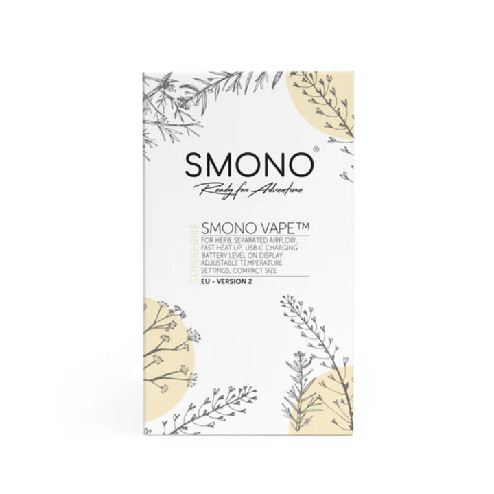 SMONO Sunshine Vaporizer packaging design with floral elements and informative features listed.